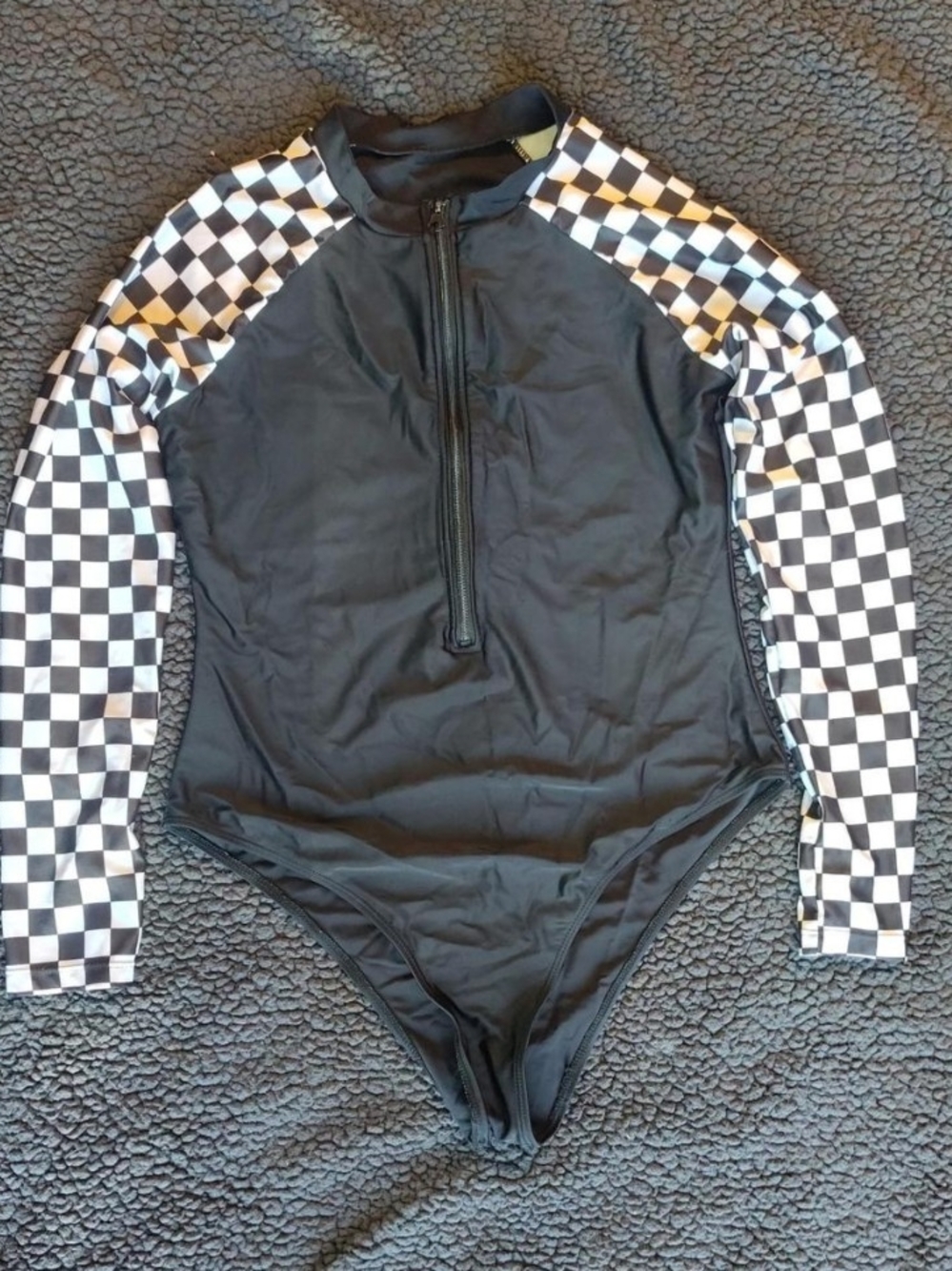 Black One-Piece Rash Guard with Checkerboard Sleeves - Women's